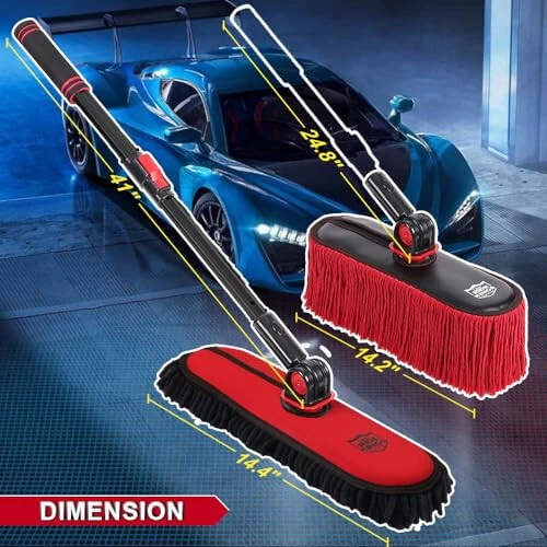 RIDE KINGS 2In1|2MOPS(Car Wash Brush Mop*1 & Car Duster Mop*1) with 1 Long Handle|Microfiber Car Brushes for Washing Exterior,Car Wash Accessories Scratch Free,Car Wash Mop for Rv Truck Boat - RIDE