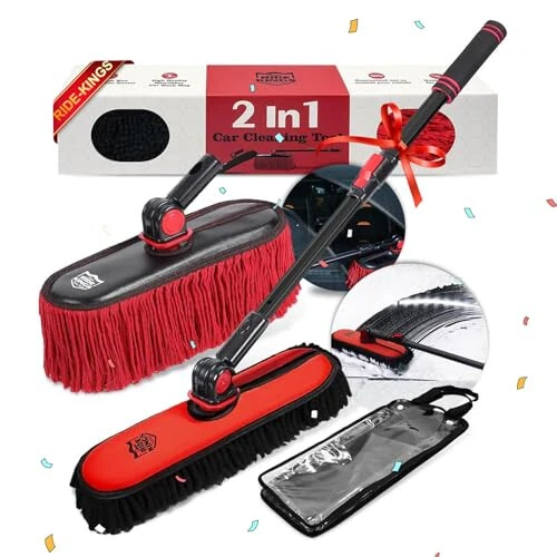 RIDE KINGS 2In1|2MOPS(Car Wash Brush Mop*1 & Car Duster Mop*1) with 1 Long Handle|Microfiber Car Brushes for Washing Exterior,Car Wash Accessories Scratch Free,Car Wash Mop for Rv Truck Boat - RIDE (1)