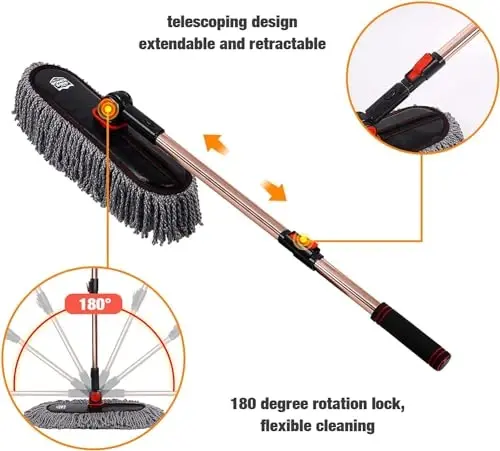 RIDE KINGS Microfiber Duster, Avtomobil Duster To'plami, Ichki va Tashqi Tozalash Vositalari, Asboblar paneli uchun Detallash Cho'tkasi, Tirnalishsiz tuklarsiz, Gulchangni olib tashlash, Uzaytiriladigan tutqich, Yuk mashinasi, SUV, RV, 2 to'plam - 4