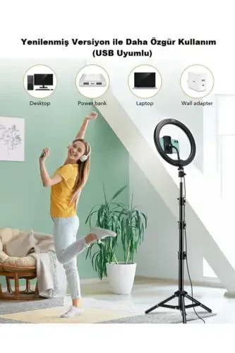 Ring Light 14 Inç Tiktok Youtuber Çekim Tripod Işıklı Telefon Tutucu Makyaj Işığı +2.1 Mt Tripod-14 İNÇ SİYAH - EN SİGA (1)