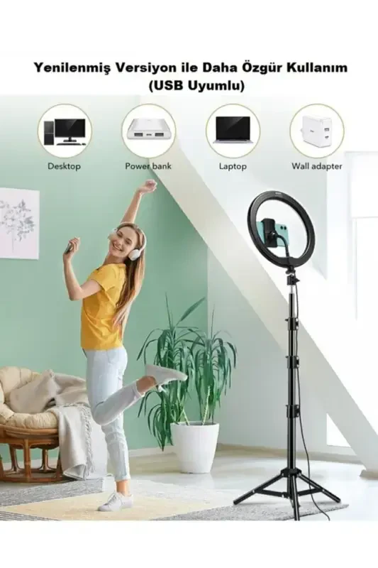 Ring Light 14 Inç Tiktok Youtuber Çekim Tripod Işıklı Telefon Tutucu Makyaj Işığı +2.1 Mt Tripod-14 İNÇ SİYAH - 2