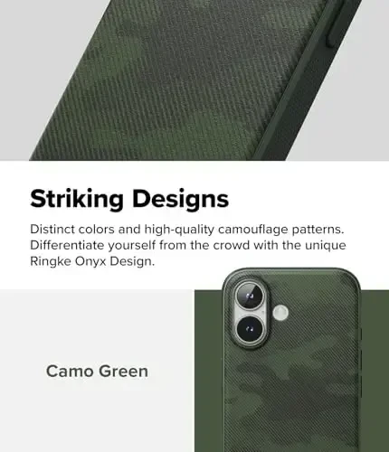 Ringke Onyx for iPhone 16 G'ilofi, [Qo'lda yaxshi seziladi] Yog' va kirlarga chidamli, Kameralar uchun individual linza qopqoqlari, Sirpanmaydigan kuchaytirilgan ushlagichli engil g'ilof - Camo Green - 3
