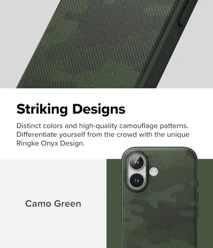 Ringke Onyx for iPhone 16 G'ilofi, [Qo'lda yaxshi seziladi] Yog' va kirlarga chidamli, Kameralar uchun individual linza qopqoqlari, Sirpanmaydigan kuchaytirilgan ushlagichli engil g'ilof - Camo Green - 3