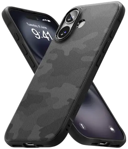 Ringke Onyx for iPhone 16 Plus Case, [Feels Good in The Hand] Oil & Dirt Resistant, Individual Lens Covers for Cameras, Non-Slip Enhanced Grip Lightweight Cover - Camo Black - 1