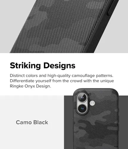 Ringke Onyx for iPhone 16 Plus Case, [Feels Good in The Hand] Oil & Dirt Resistant, Individual Lens Covers for Cameras, Non-Slip Enhanced Grip Lightweight Cover - Camo Black - 3
