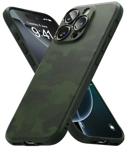 Ringke Onyx iPhone 16 Pro uchun g‘ilof, [Qo‘lda yaxshi seziladi] Yog‘ va kirlarga chidamli, kameralar uchun individual linzalar qoplamalari, sirpanmaydigan kuchaytirilgan tutqichli yengil qoplama - Camo Green - 1