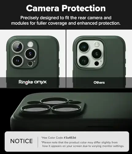 Ringke Onyx [Qo'lda yaxshi turadi] iPhone 16 Pro qurilmasi bilan mos keladigan, yog'li barmoq izlarini oldini oladigan anti-barmoq izi texnologiyasi, sirg'alib yurmaydigan yaxshilangan kavrash kamerasi uchun aniq yoriqlar - To'q yashil rang - 5
