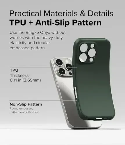 Ringke Onyx [Qo'lda yaxshi turadi] iPhone 16 Pro qurilmasi bilan mos keladigan, yog'li barmoq izlarini oldini oladigan anti-barmoq izi texnologiyasi, sirg'alib yurmaydigan yaxshilangan kavrash kamerasi uchun aniq yoriqlar - To'q yashil rang - 6
