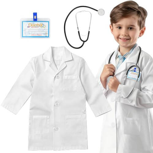 RioRand Kids' Doctor Lab Coat Costume with Accessories Role Play for Boys Girls Playset Nurse Costume Age 3-12 (White, S-120CM/3-5T) - 1