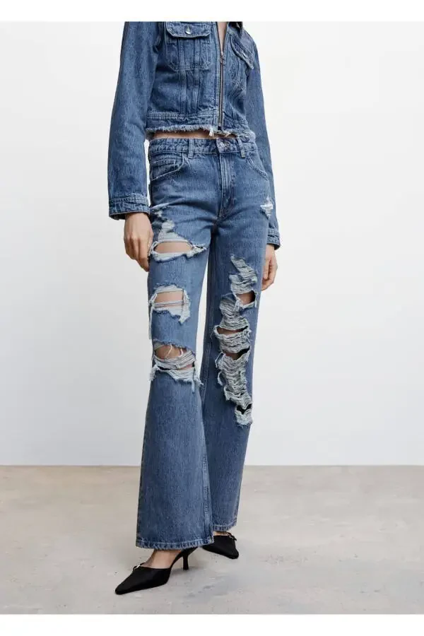 Ripped High Waisted Straight Cut Jean - 1