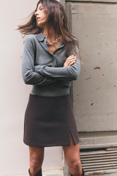 RIPPED JEANS SKIRT - Brown - 1