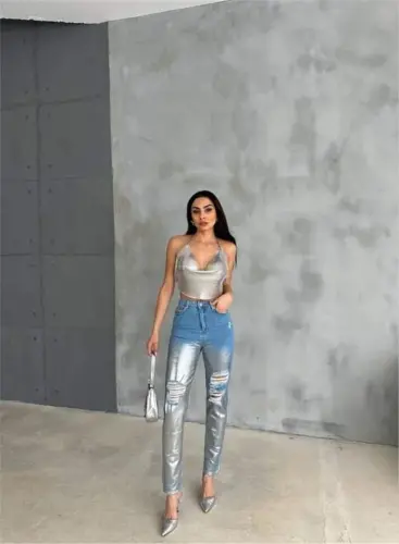 RIPPED KNEE PAPERBAG MOM JEANS - Silver - BÜYÜKBEDENIZ (1)