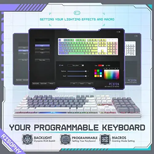 RisoPhy Беспроводная Механическая Клавиатура, Три Режима 2.4G/USB-C/Bluetooth Игровая Клавиатура, 104 Клавиши Программируемые, Настраиваемая RGB Подсветка, Красный Переключатель, Двухцветные PBT Колпачки, Перезаряжаемая Проводная для Ноутбука ПК - 3