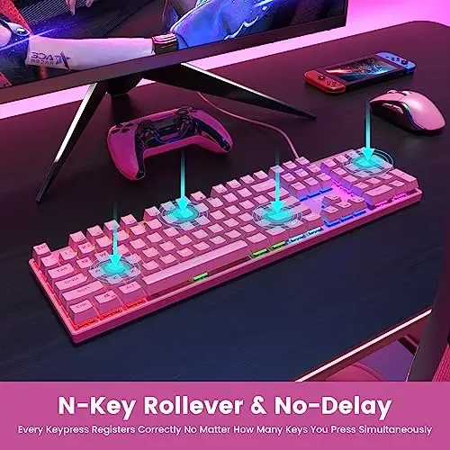 RisoPhy Mechanical Gaming Keyboard, RGB 104 Keys Ultra-Slim Backlit USB Wired Keyboard with Blue Switch, Durable ABS Keycap/Anti-Ghosting/Spill-Resistant Mechanical Keyboards for PC Mac Xbox Game,Pink - 5