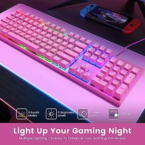 RisoPhy Mechanical Gaming Keyboard, RGB 104 Keys Ultra-Slim Backlit USB Wired Keyboard with Blue Switch, Durable ABS Keycap/Anti-Ghosting/Spill-Resistant Mechanical Keyboards for PC Mac Xbox Game,Pink - RISOPHY (1)