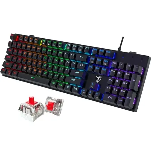 RisoPhy Механик ўйин клавиатураси, RGB 104 тугмали ўта юпқа LED ёритгичли USB симли клавиатура, қизил ёритгичли, чидамли ABS тугма қопқоқлари/Анти-Гостинг/Компьютер Mac Xbox ўйинчиси учун суюқликка чидамли 