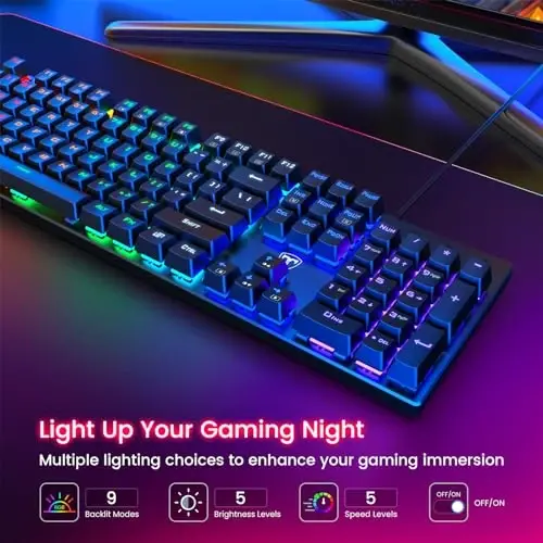 RisoPhy Механик ўйин клавиатураси, RGB 104 тугмали ўта юпқа LED ёритгичли USB симли клавиатура, қизил ёритгичли, чидамли ABS тугма қопқоқлари/Анти-Гостинг/Компьютер Mac Xbox ўйинчиси учун суюқликка чидамли - 3