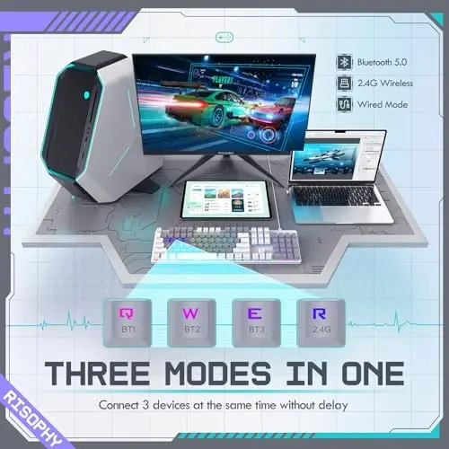 RisoPhy simsiz mexanik klaviatura, uch rejimli 2.4G/USB-C/Bluetooth oʻyin klaviaturasi, 104 ta dasturlanadigan tugma, sozlanishi RGB yoritgichi, qizil switch, ikki rangli PBT klavish qopqoqlari, noutbuk kompyuter uchun qayta zaryadlanuvchi simli - 4