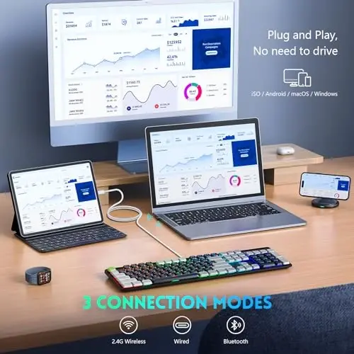 RisoPhy simsiz oʻyin klaviaturasi, past profil 2.4G/USB-C/Bluetooth mexanik klaviatura silliq qizil switchlar bilan, RGB yoritgich/dasturiy taʼminot/kompyuter/Mac oʻyinchilari uchun jim ergonomik klaviatura - 2