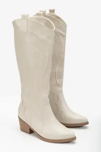 RISSOLI BEIGE CREAM Matte Leather Embroidered Western Cowboy Cowgirl Boot-BEIGE - 1