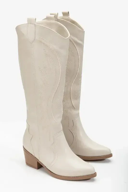 RISSOLI BEIGE CREAM Matte Leather Embroidered Western Cowboy Cowgirl Boot-BEIGE - RİSSOLİ