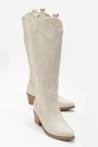RISSOLI BEIGE CREAM Matte Leather Embroidered Western Cowboy Cowgirl Boot-BEIGE - 3