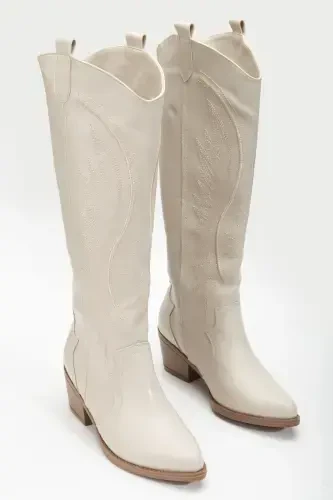 RISSOLI BEIGE CREAM Matte Leather Embroidered Western Cowboy Cowgirl Boot-BEIGE - 4