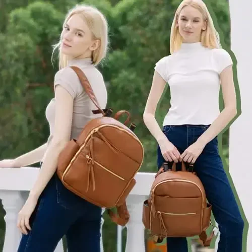 Рюкзак для подгузников MOMINSIDE Small Diaper Bag, Мини-рюкзак для подгузников с 11 карманами, Кожаная дорожная сумка для младенцев для девочек, 2 изолированных кармана, ремни для коляски, Реестр для младенцев (коричневый) - 1
