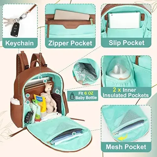 Рюкзак для подгузников MOMINSIDE Small Diaper Bag, Мини-рюкзак для подгузников с 11 карманами, Кожаная дорожная сумка для младенцев для девочек, 2 изолированных кармана, ремни для коляски, Реестр для младенцев (коричневый) - 4