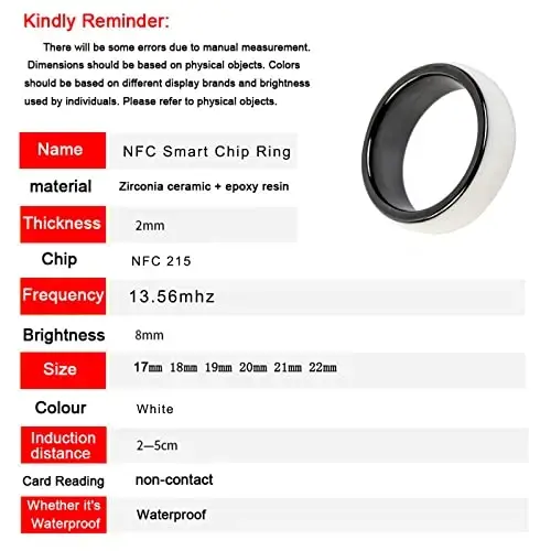 riversmerge NFC White Forum Type 2 215 496 Bytes Chip Universal for Mobile Phone Wearable Smart Ring Waterproof Ceramic NFC Ring for Men or Women(White-NFC 19mm) - 3