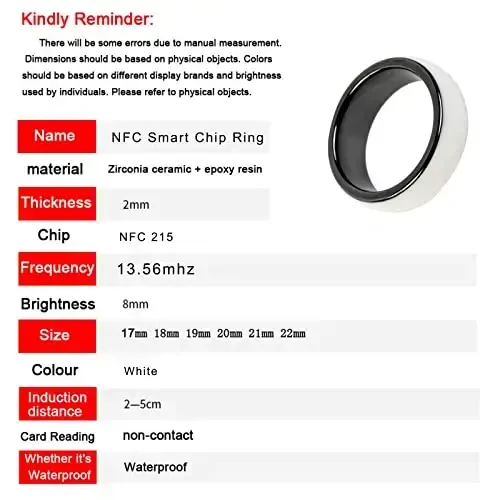 riversmerge NFC White Forum Type 2 215 496 Bytes Chip Universal for Mobile Phone Wearable Smart Ring Waterproof Ceramic Ring for Men or Women (White-NFC 17mm) - 3