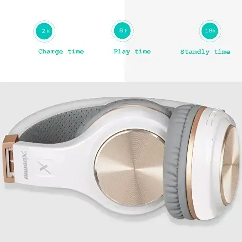Riwbox Bluetooth Headphones, XBT-80 Folding Stereo Wireless Bluetooth Headphones Over Ear with Microphone and Volume Control, Wireless and Wired Headset for PC/Cell Phones/TV/Gym (White Gold) - 3