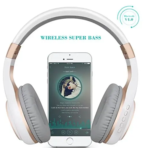 Riwbox Bluetooth Headphones, XBT-80 Folding Stereo Wireless Bluetooth Headphones Over Ear with Microphone and Volume Control, Wireless and Wired Headset for PC/Cell Phones/TV/Gym (White Gold) - 2