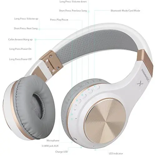 Riwbox Bluetooth Headphones, XBT-80 Folding Stereo Wireless Bluetooth Headphones Over Ear with Microphone and Volume Control, Wireless and Wired Headset for PC/Cell Phones/TV/Gym (White Gold) - 5