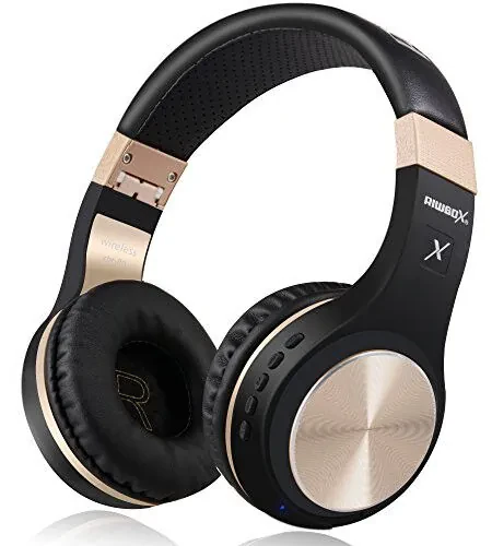 Riwbox Bluetooth Headphones, XBT-80 Folding Stereo Wireless Bluetooth Headphones Over Ear with Microphone and Volume Control, Wireless and Wired Headset for PC/Cell Phones/TV/iPad (Black Gold) - Riwbox