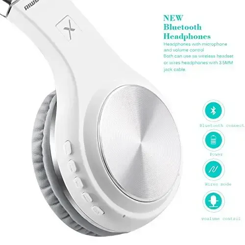 Riwbox Bluetooth Headphones, XBT-80 Yig'iladigan Stereo Simsiz Bluetooth Quloq ichidagi mikrofon va ovoz balandligini boshqarish bilan, Kompyuter/Uyali telefonlar/TV/iPad uchun simsiz va simli гарнитура (Kumush oq) - 4