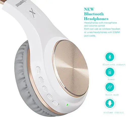 Riwbox Bluetooth Headphones, XBT-80 Folding Stereo Wireless Bluetooth Headphones Over Ear with Microphone and Volume Control, Wireless and Wired Headset for PC/Cell Phones/TV/Gym (White Gold) - 4