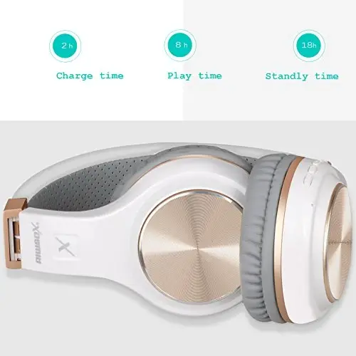 Riwbox Bluetooth Headphones, XBT-80 Folding Stereo Wireless Bluetooth Headphones Over Ear with Microphone and Volume Control, Wireless and Wired Headset for PC/Cell Phones/TV/Gym (White Gold) - 3