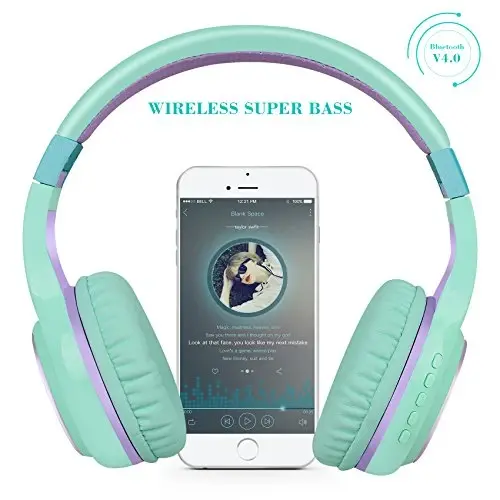 Riwbox Bluetooth Headphones, XBT-80 Folding Stereo Wireless Bluetooth Headphones Over Ear with Microphone and Volume Control, Wireless and Wired Headset for PC/Cell Phones/TV/Gym (Purple Green) - 2