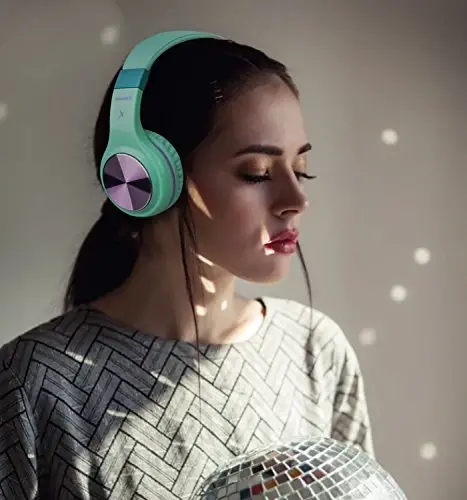 Riwbox Bluetooth Headphones, XBT-80 Folding Stereo Wireless Bluetooth Headphones Over Ear with Microphone and Volume Control, Wireless and Wired Headset for PC/Cell Phones/TV/Gym (Purple Green) - 5