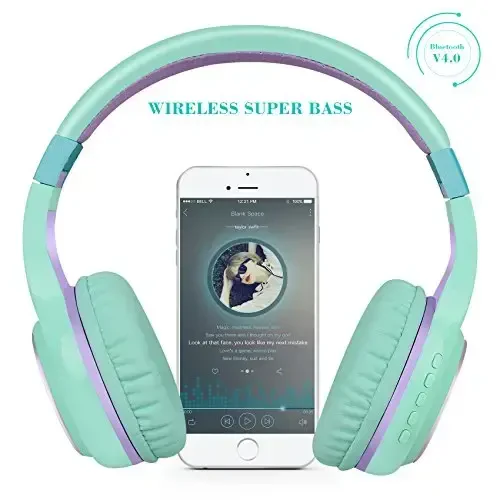 Riwbox Bluetooth Headphones, XBT-80 Folding Stereo Wireless Bluetooth Headphones Over Ear with Microphone and Volume Control, Wireless and Wired Headset for PC/Cell Phones/TV/Gym (Purple Green) - 2