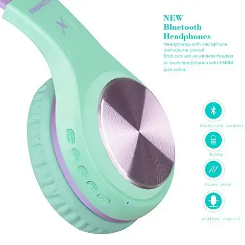 Riwbox Bluetooth Headphones, XBT-80 Folding Stereo Wireless Bluetooth Headphones Over Ear with Microphone and Volume Control, Wireless and Wired Headset for PC/Cell Phones/TV/Gym (Purple Green) - 4