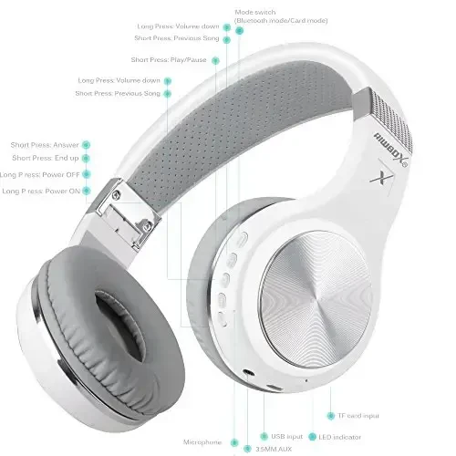 Riwbox Bluetooth Headphones, XBT-80 Folding Stereo Wireless Bluetooth Headphones Over Ear with Microphone and Volume Control, Wireless and Wired Headset for PC/Cell Phones/TV/iPad (Silver White) - 5