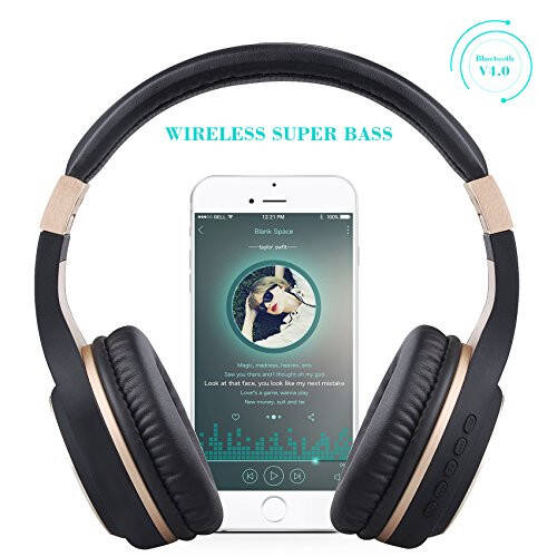 Riwbox Bluetooth Headphones, XBT-80 Folding Stereo Wireless Bluetooth Headphones Over Ear with Microphone and Volume Control, Wireless and Wired Headset for PC/Cell Phones/TV/iPad (Black Gold) - 2