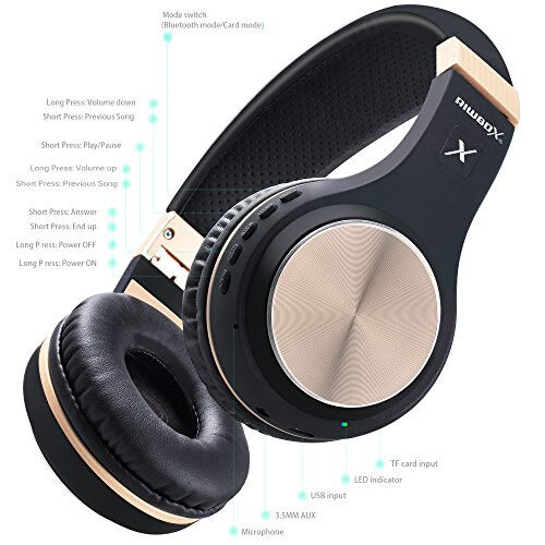 Riwbox Bluetooth Headphones, XBT-80 Folding Stereo Wireless Bluetooth Headphones Over Ear with Microphone and Volume Control, Wireless and Wired Headset for PC/Cell Phones/TV/iPad (Black Gold) - 3
