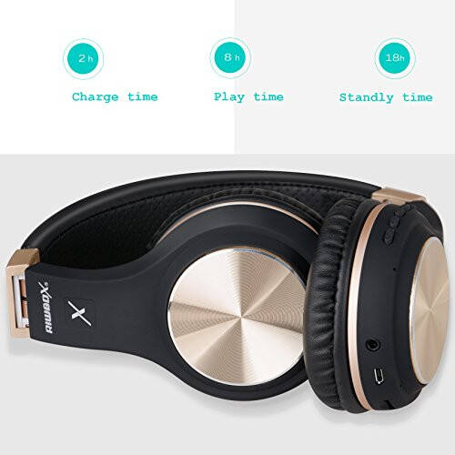 Riwbox Bluetooth Headphones, XBT-80 Folding Stereo Wireless Bluetooth Headphones Over Ear with Microphone and Volume Control, Wireless and Wired Headset for PC/Cell Phones/TV/iPad (Black Gold) - 4