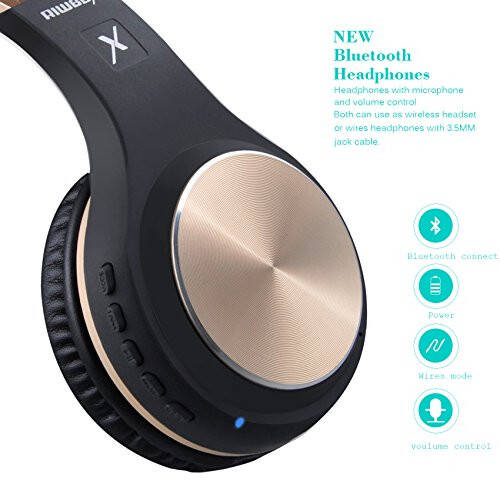 Riwbox Bluetooth Headphones, XBT-80 Folding Stereo Wireless Bluetooth Headphones Over Ear with Microphone and Volume Control, Wireless and Wired Headset for PC/Cell Phones/TV/iPad (Black Gold) - 5