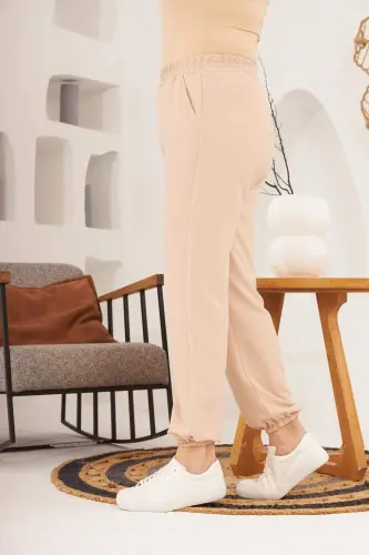 Bel ve Paça Lastikli Aerobin Büyük Beden Krem Pantolon - 8