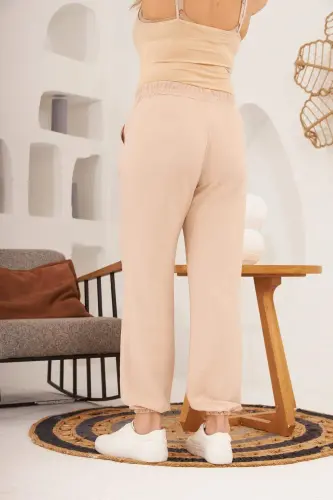 Bel ve Paça Lastikli Aerobin Büyük Beden Krem Pantolon - 4