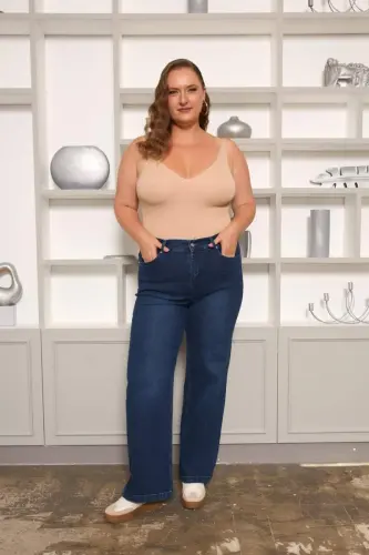 Rmg Beli Lastikli Bol Paça Büyük Beden Kim.Mavi Kot Pantolon - 4